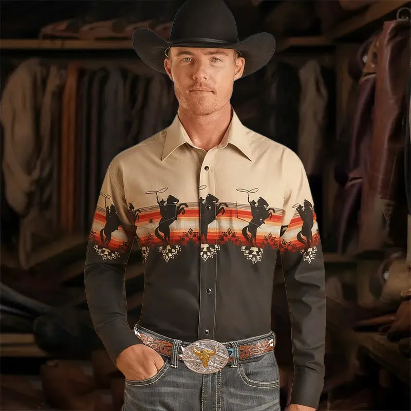 Men's Western Riding Cowboy Print Long Sleeves Shirt sold by FloralTrip