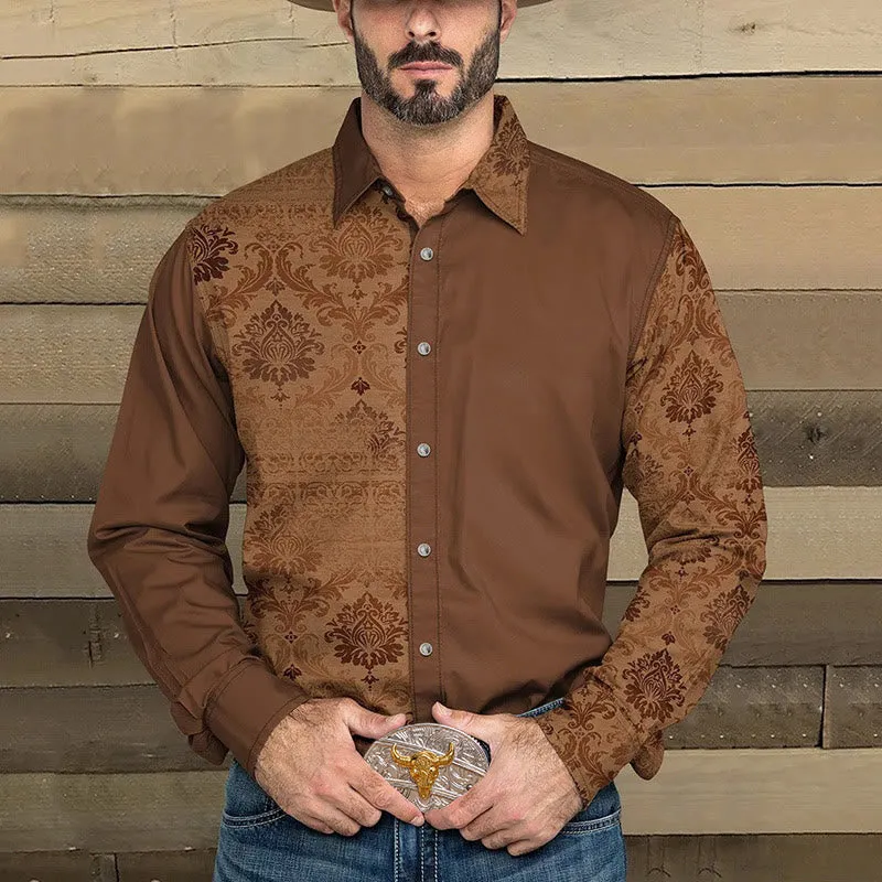 Men's Western Printed-Solid Color Patchwork Long Sleeves Shirt sold by FloralTrip