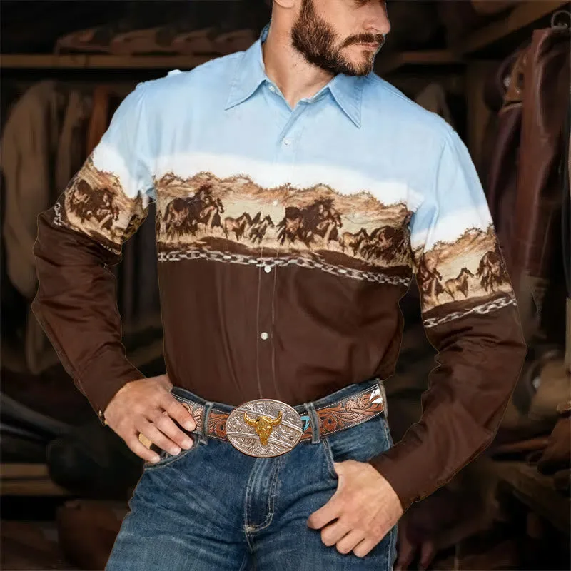 Men's Western Retro Mountain Horse Print Shirt Long Sleeves sold by FloralTrip
