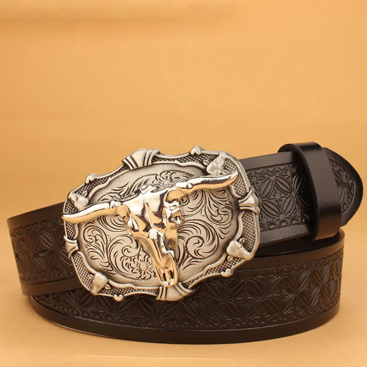 Men's Western Retro Sliver Bull Head Black Embossed Belt sold by FloralTrip