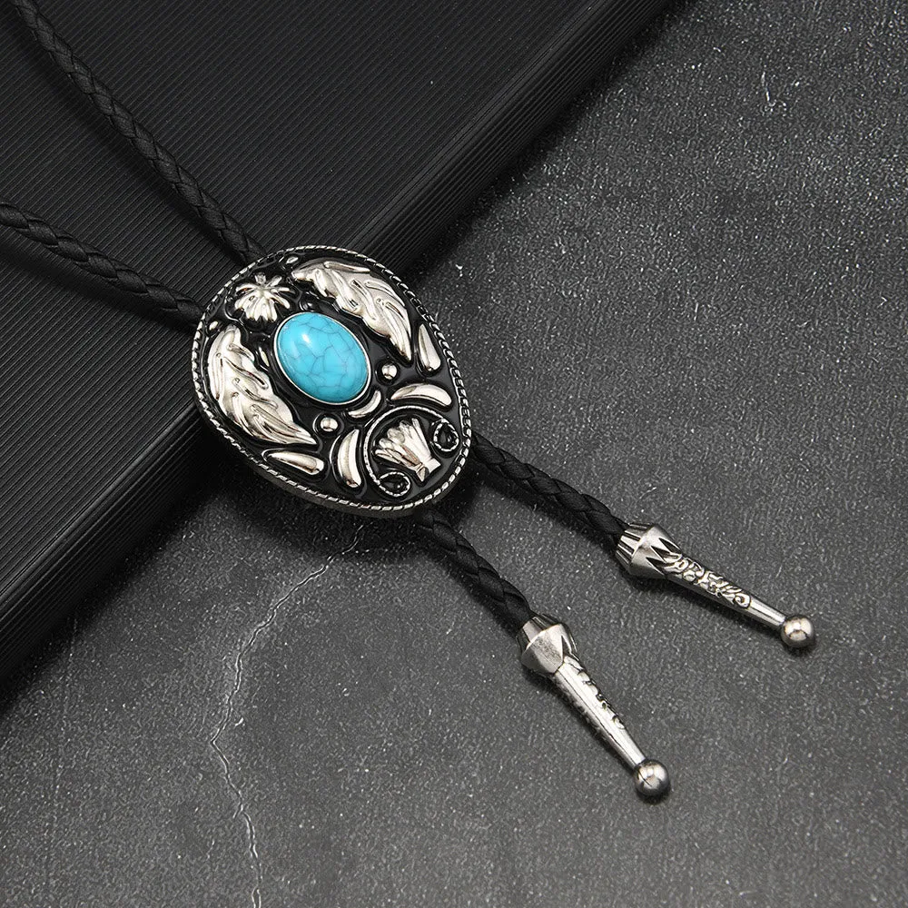 Oval Turquoise Black-and-white Carved Metal Bolo Ties sold by FloralTrip product image thumbnail 3