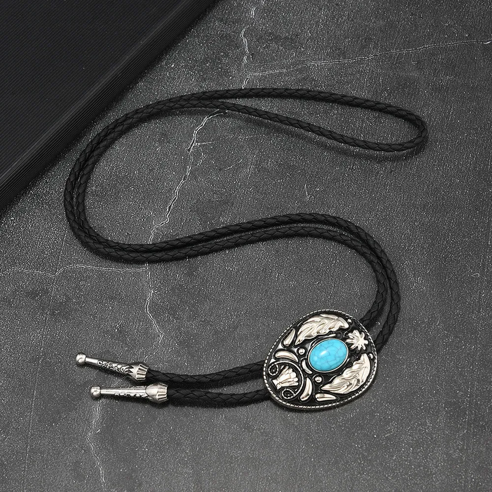 Oval Turquoise Black-and-white Carved Metal Bolo Ties sold by FloralTrip product image thumbnail 4