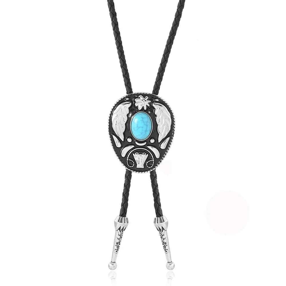 Oval Turquoise Black-and-white Carved Metal Bolo Ties sold by FloralTrip