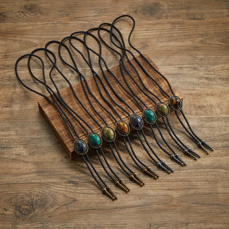 Assorted Natural Gemstone Retro Metal Frame Bolo Ties sold by FloralTrip