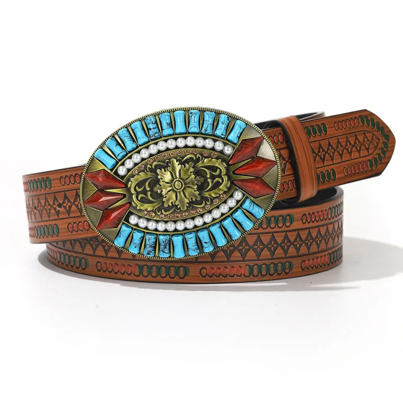 Turquoise Pearl Red Gem Retro Pattern Buckle Floral Embossed Leather Belt sold by FloralTrip