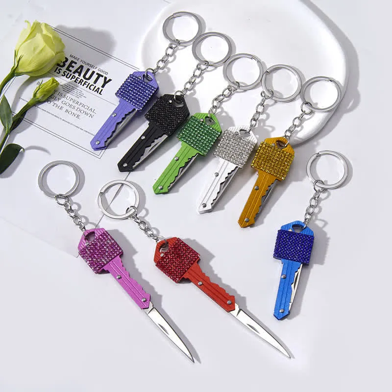 Shining Rhinestones Folding Key-Shaped Knife Keychain sold by FloralTrip