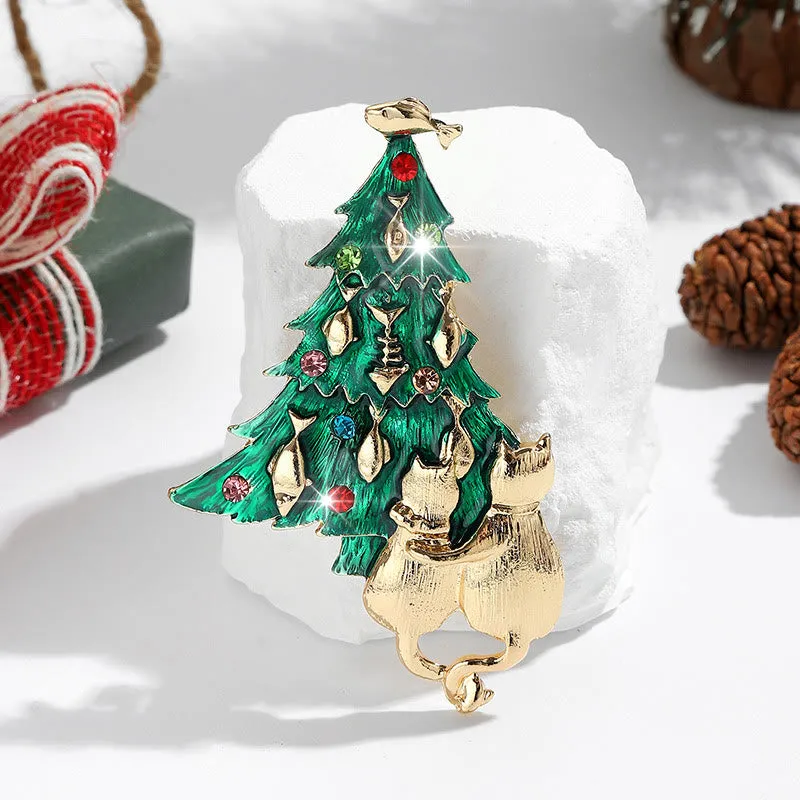 Festive Enamel Christmas Tree with Cat and Fish Dual-Tone Brooch sold by FloralTrip