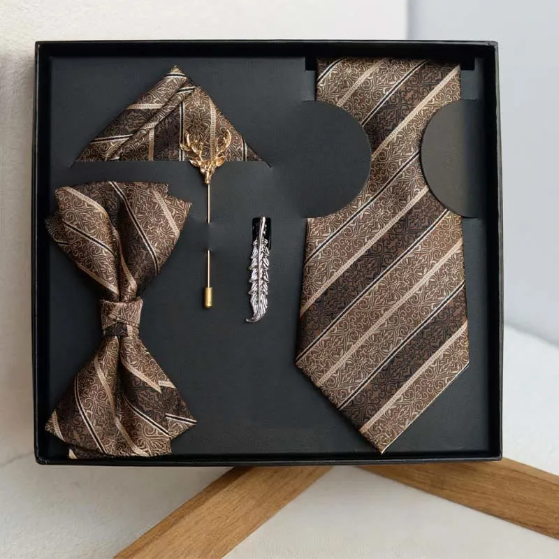5Pcs Men's Retro Brown Diagonal Print Necktie Set sold by FloralTrip