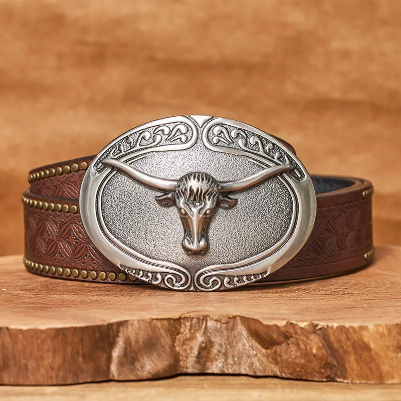 Men's Silver Bull Head Carved Buckle Leather Belt sold by FloralTrip product image thumbnail 5