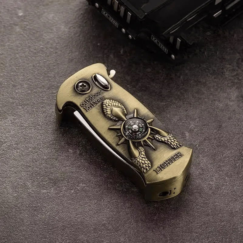 Retro Copper Dragon Claw Compass Folding Knife Lighter sold by FloralTrip