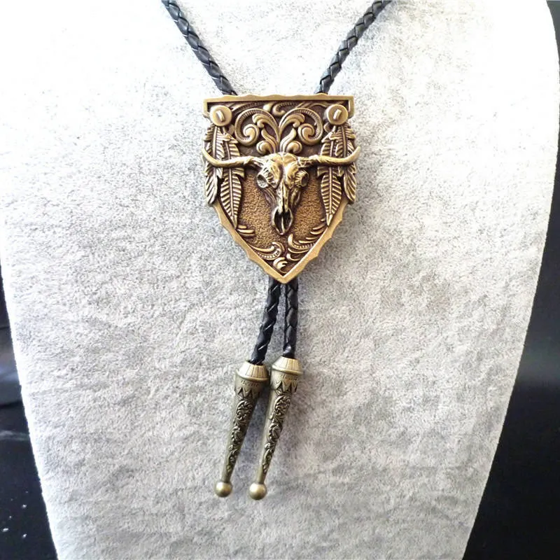 Steer Skull Emblem Vintage Carved Metal Bolo Tie sold by FloralTrip