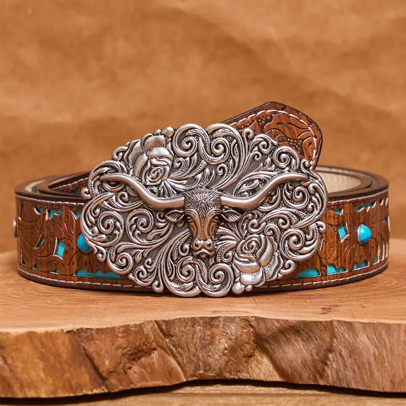 Men's Exquisite Floral Carved Bull Head Buckle Leather Belt sold by FloralTrip product image thumbnail 4
