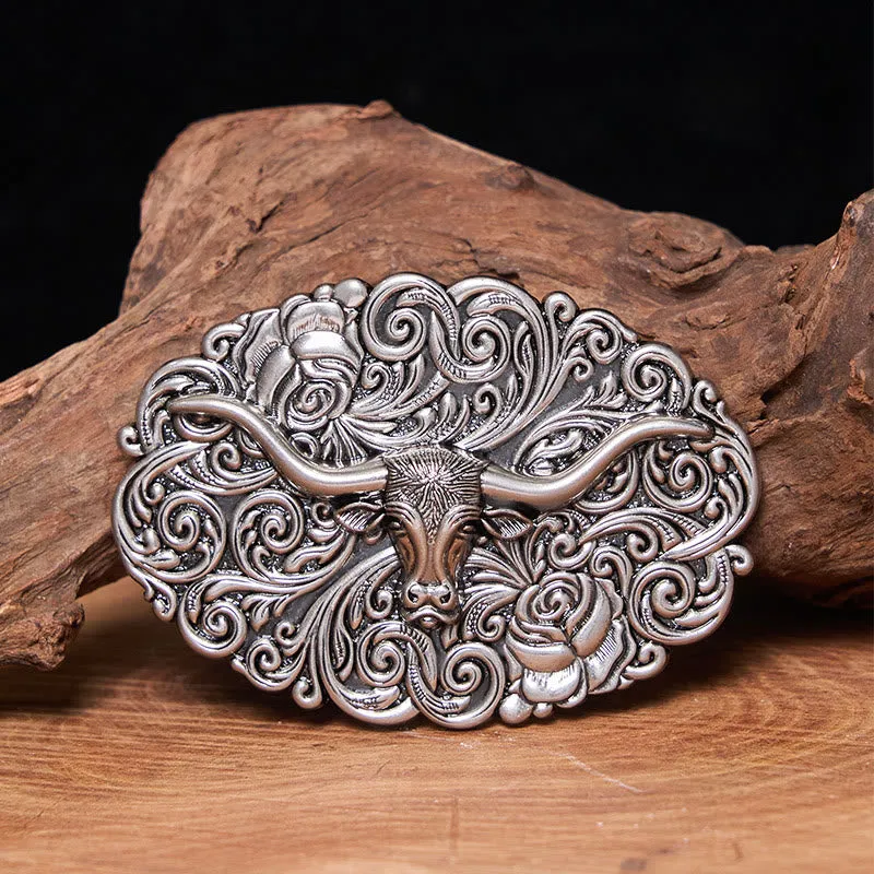 Men's Exquisite Floral Carved Bull Head Buckle Leather Belt sold by FloralTrip