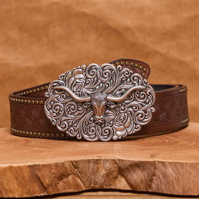 Men's Exquisite Floral Carved Bull Head Buckle Leather Belt sold by FloralTrip product image thumbnail 5