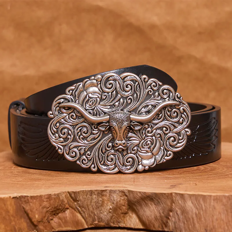 Men's Exquisite Floral Carved Bull Head Buckle Leather Belt sold by FloralTrip product image thumbnail 3