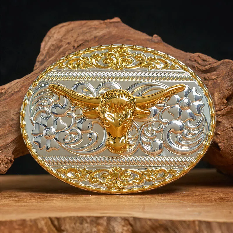 Men's Golden Bull Head Exquisite Carving Elliptical Buckle Leather Belt sold by FloralTrip