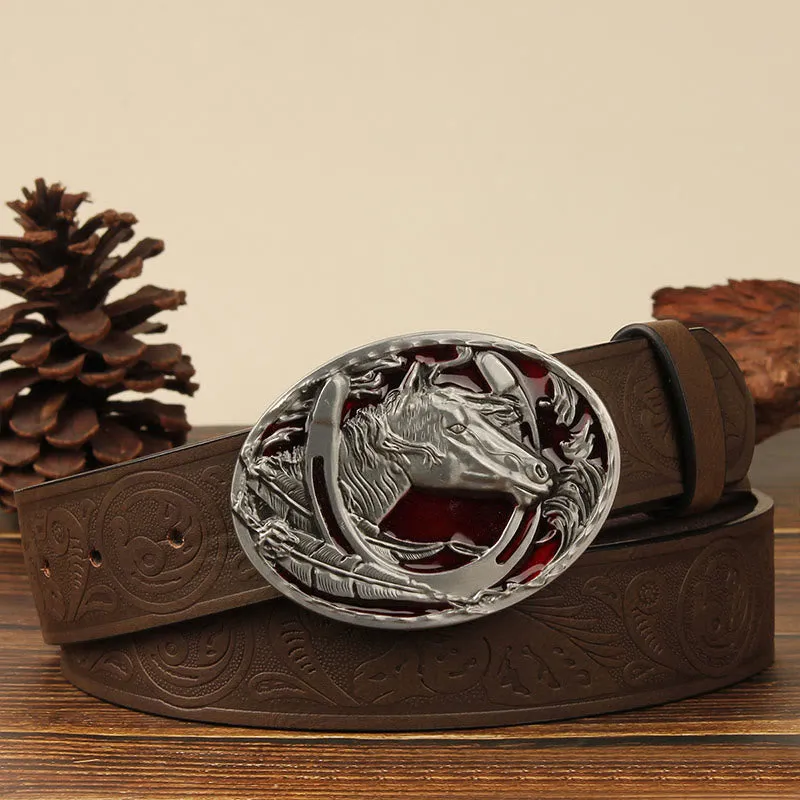 Men's Silver Horsehead & Horseshoe Carving Leather Belt sold by FloralTrip