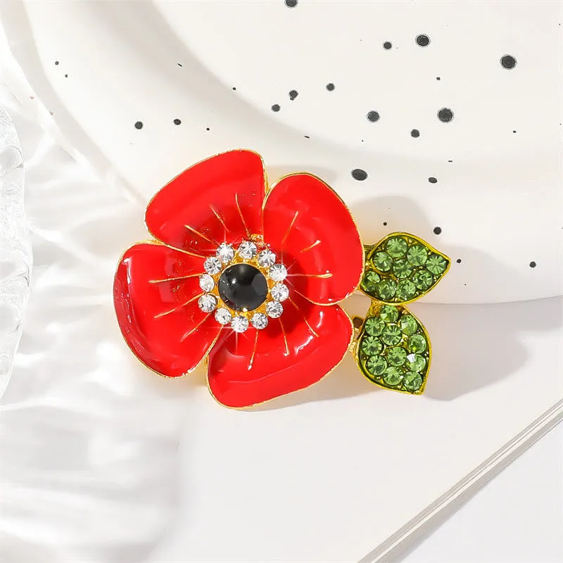 Vibrant Red Poppy Glossy Petal Sparkling Crystal-Adorned Leaf Gold Rim Brooch made by FloralTrip