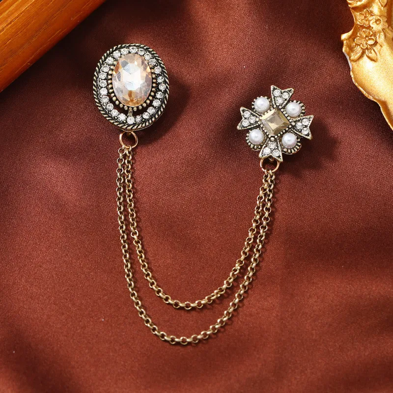 Vintage Gem-Adorned Crescent Double-Chain Gold Accent Brooch sold by FloralTrip