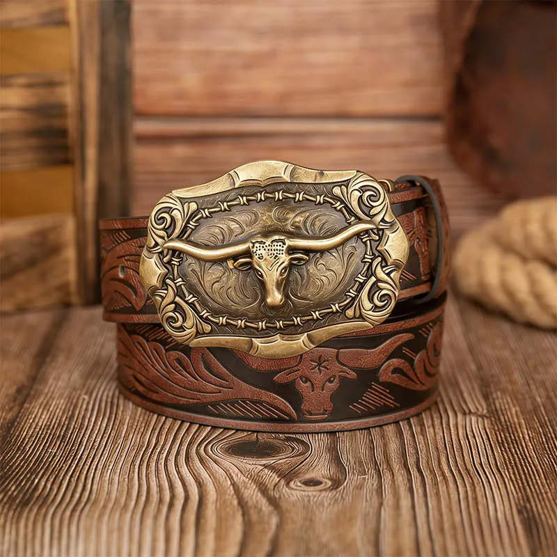 Men's Retro Bull Head Carved Buckle Leather Belt sold by FloralTrip