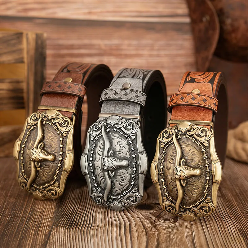 Men's Retro Bull Head Carved Buckle Leather Belt sold by FloralTrip product image thumbnail 2