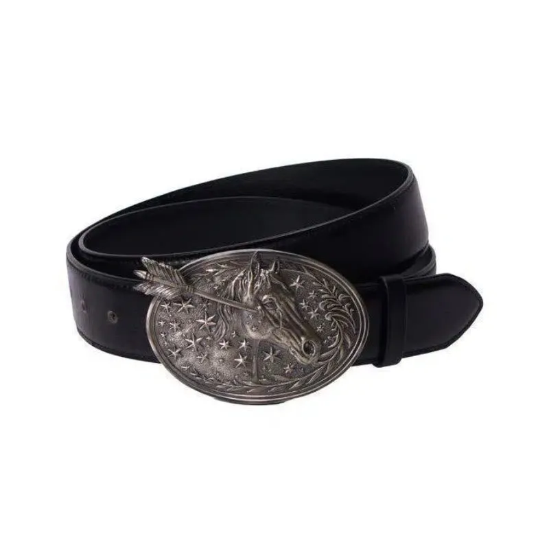 Men's Silver Horsehead Arrow Stars Buckle Black Leather Belt sold by FloralTrip