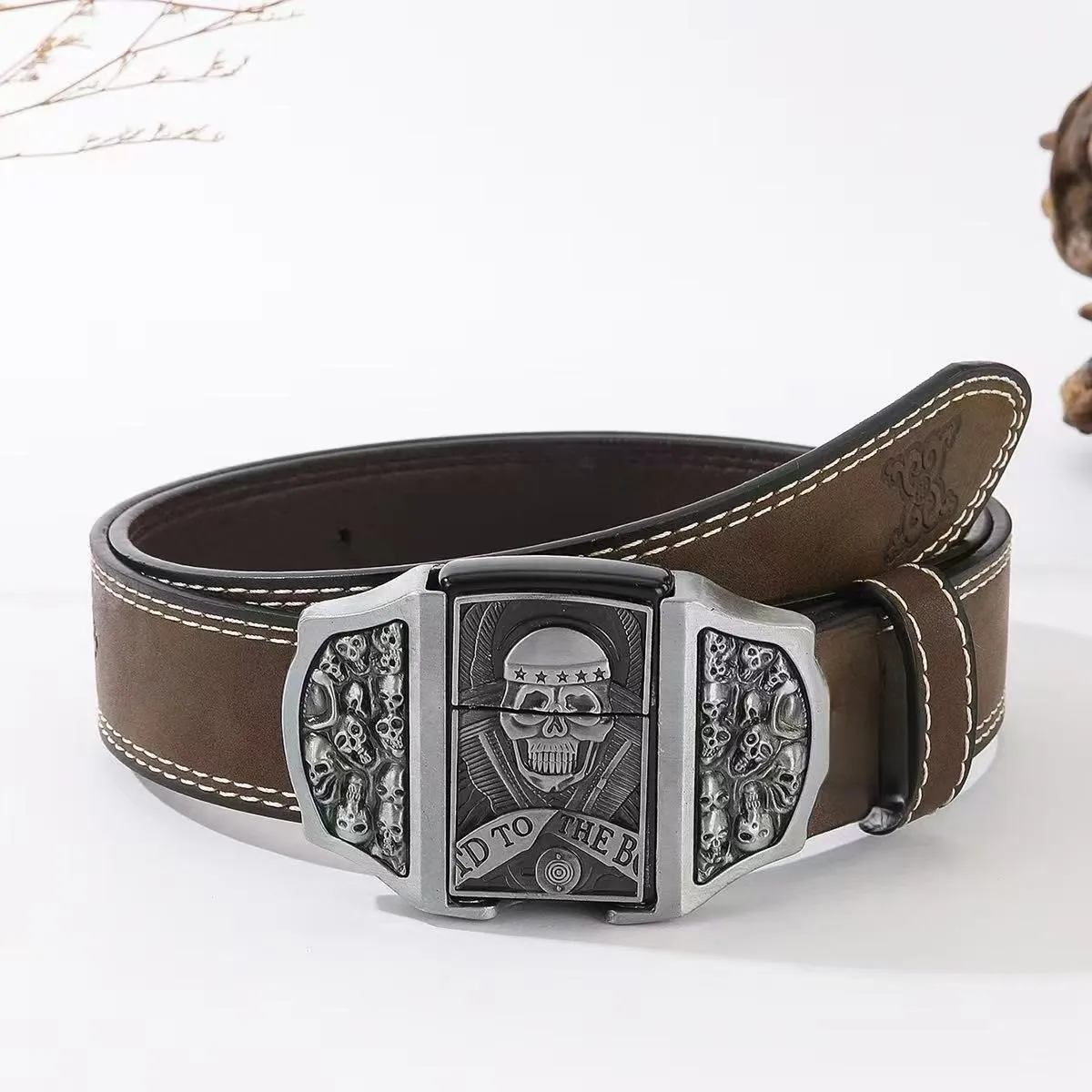 Men's Skull Head Leather Belt With Hidden Lighter sold by FloralTrip