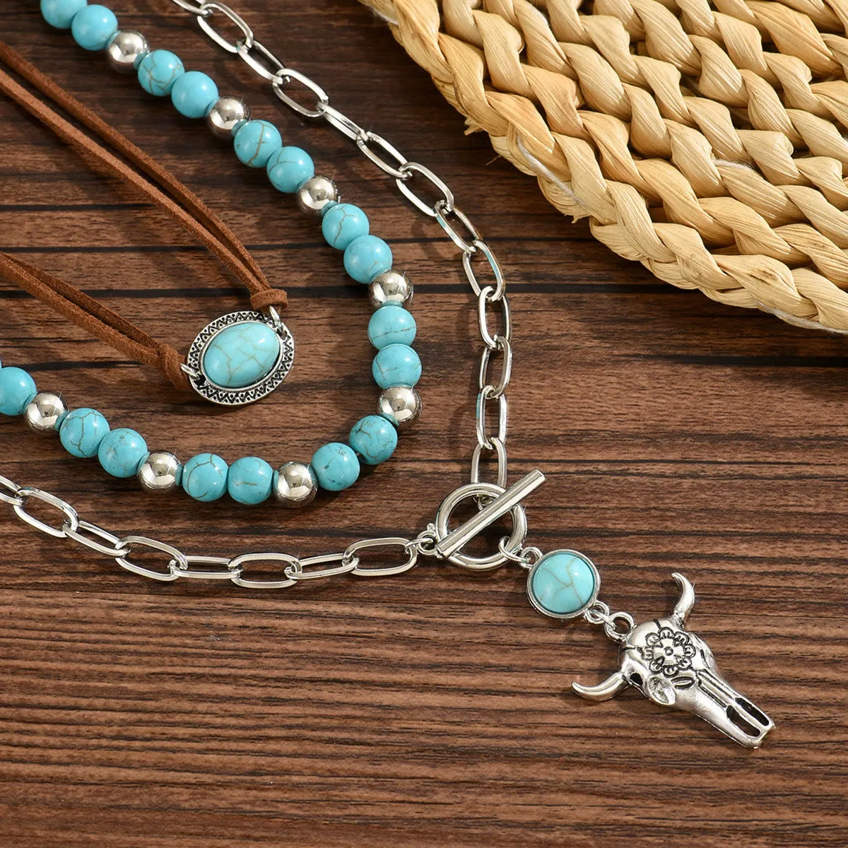 Turquoise Bead With Silver Cow Skull Pendant Western Style Necklace sold by FloralTrip product image thumbnail 4
