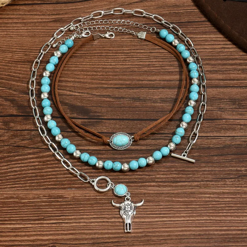 Turquoise Bead With Silver Cow Skull Pendant Western Style Necklace sold by FloralTrip