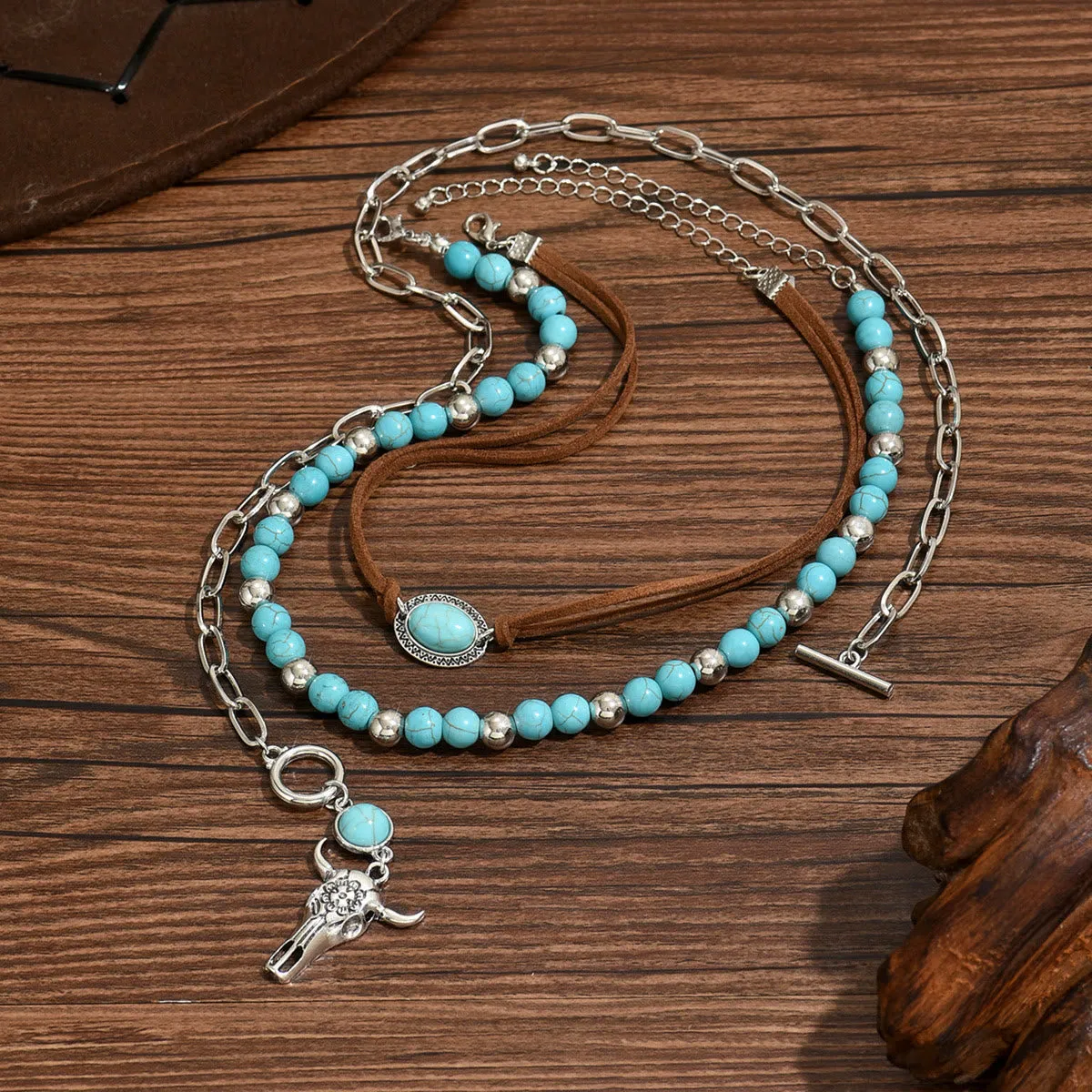 Turquoise Bead With Silver Cow Skull Pendant Western Style Necklace sold by FloralTrip product image thumbnail 3