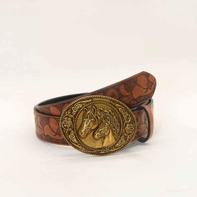 Men's Western Style Double Horsehead Buckle Embossed Leather Belt sold by FloralTrip