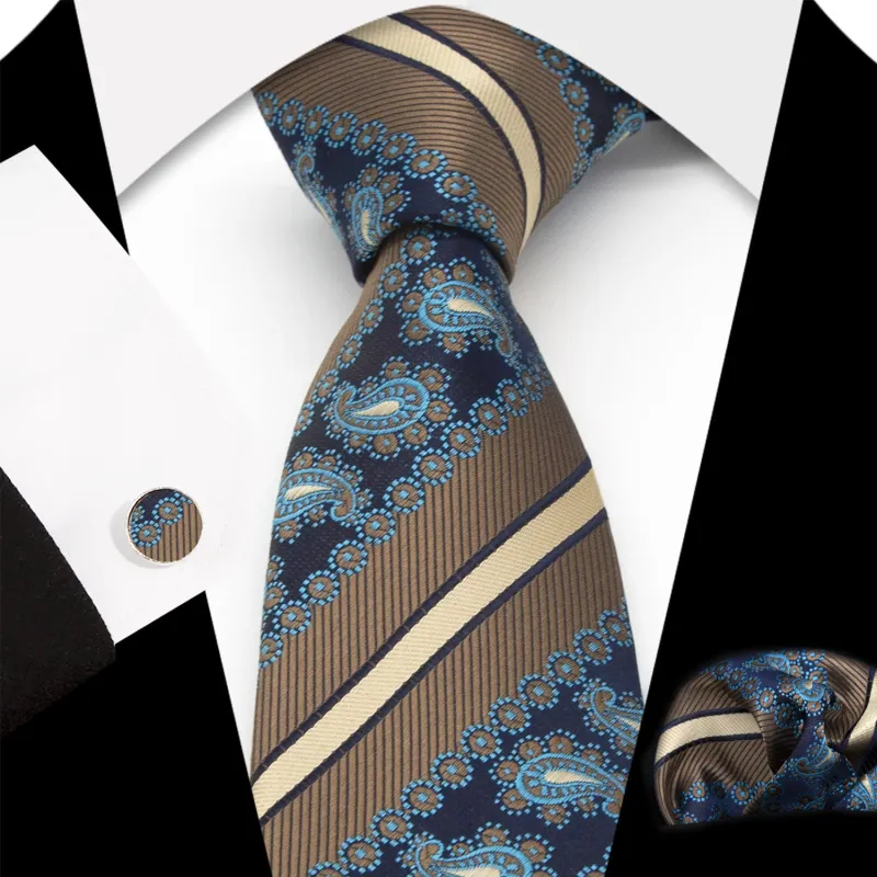 3Pcs Men's Brown Stripes & Navy Paisley Necktie Set made by FloralTrip