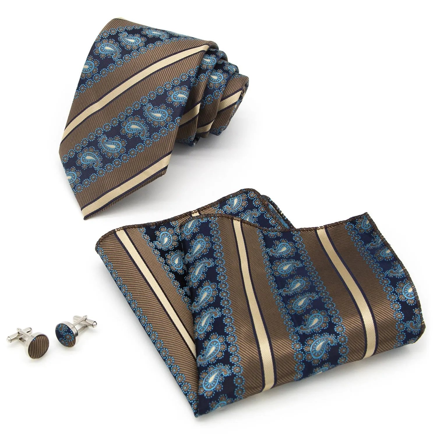 3Pcs Men's Brown Stripes & Navy Paisley Necktie Set sold by FloralTrip product image thumbnail 2