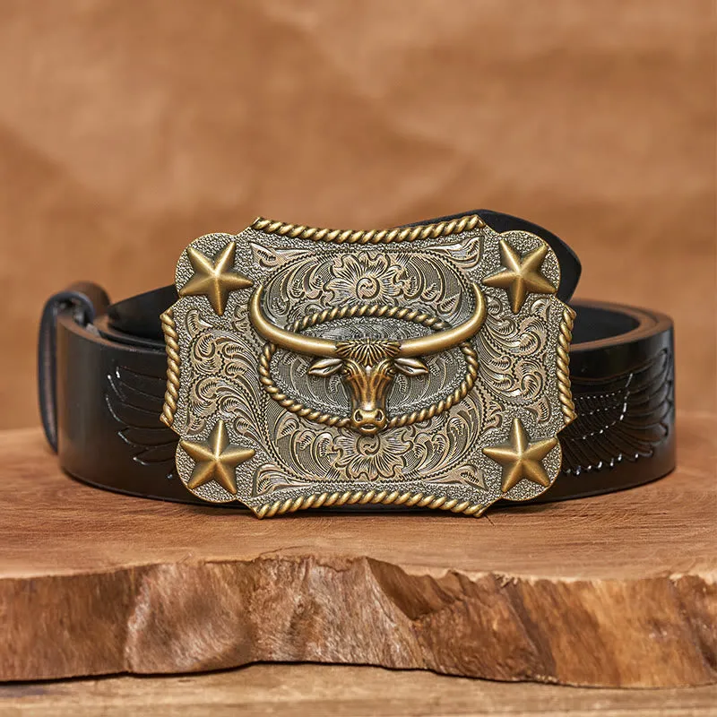Men's Vintage Bull Head Relief Stars Buckle Leather Belt sold by FloralTrip product image thumbnail 5