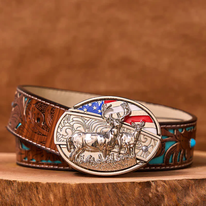 Men's DIY Enameled USA Flag & Deer Hidden Folding Knife Leather Belt (Pre-Sale) sold by FloralTrip product image thumbnail 5