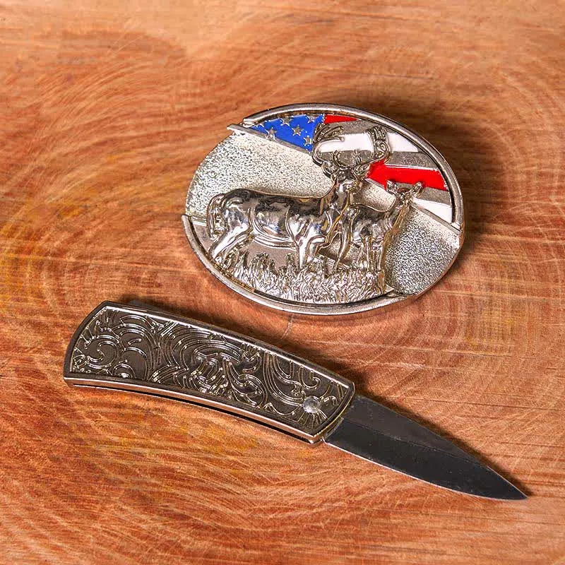 Men's DIY Enameled USA Flag & Deer Hidden Folding Knife Leather Belt (Pre-Sale) sold by FloralTrip product image thumbnail 3