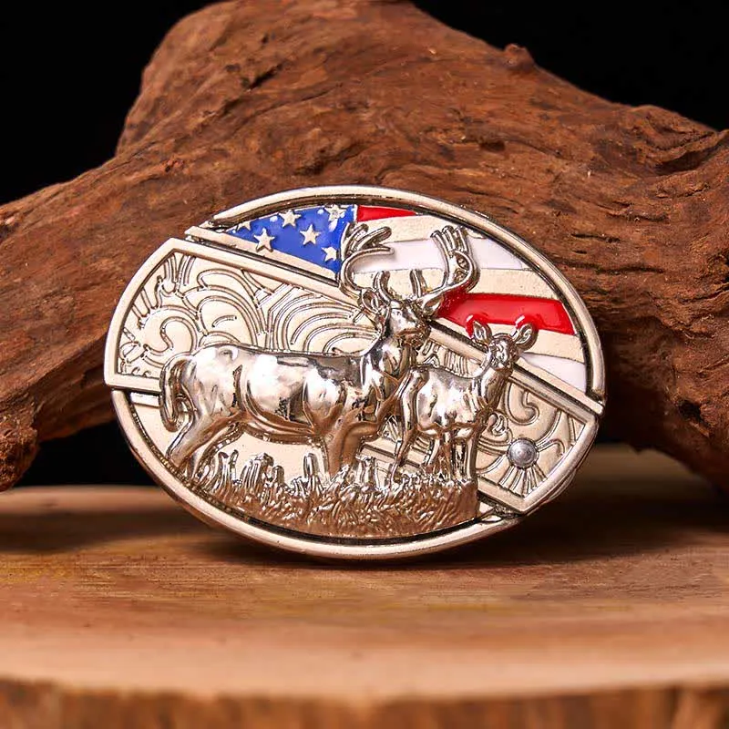 Men's DIY Enameled USA Flag & Deer Hidden Folding Knife Leather Belt (Pre-Sale) sold by FloralTrip