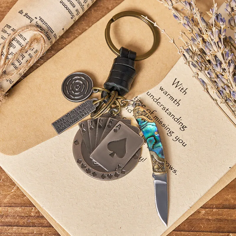 Retro Poker Pendant With Shell Texture Folding Knife Keychain sold by FloralTrip