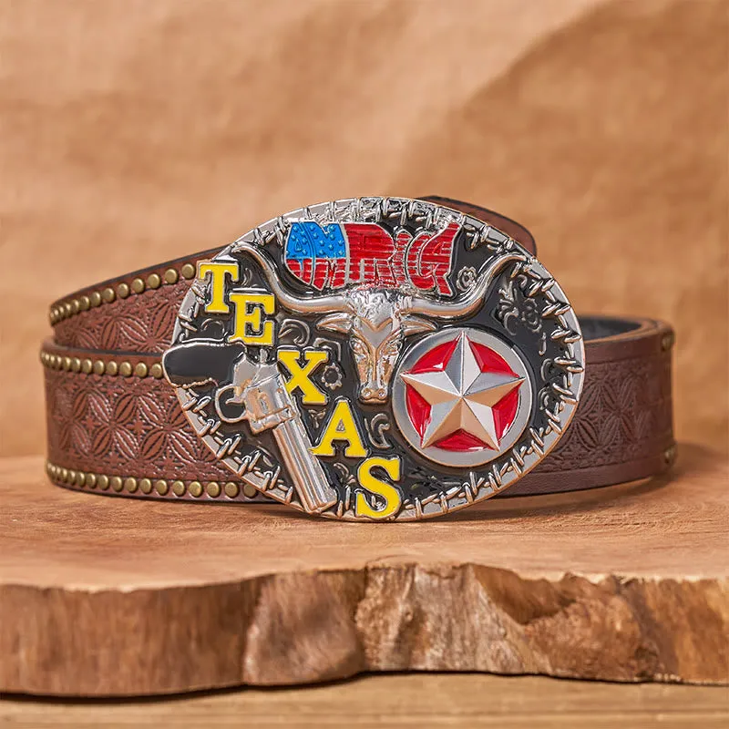 Texas Style Longhorn & Star DIY Buckle Leather Belt sold by FloralTrip product image thumbnail 5