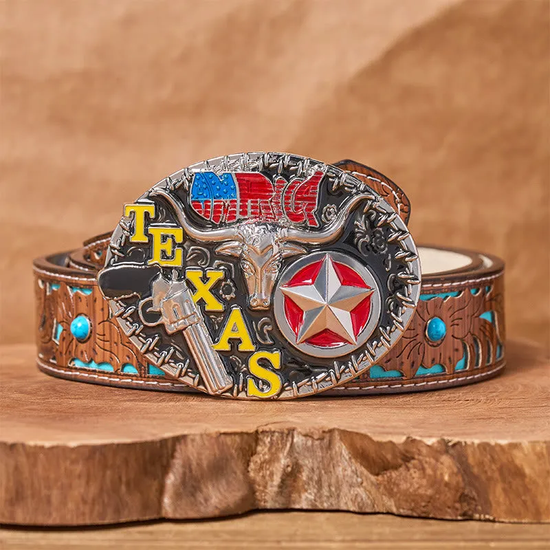 Texas Style Longhorn & Star DIY Buckle Leather Belt sold by FloralTrip product image thumbnail 4