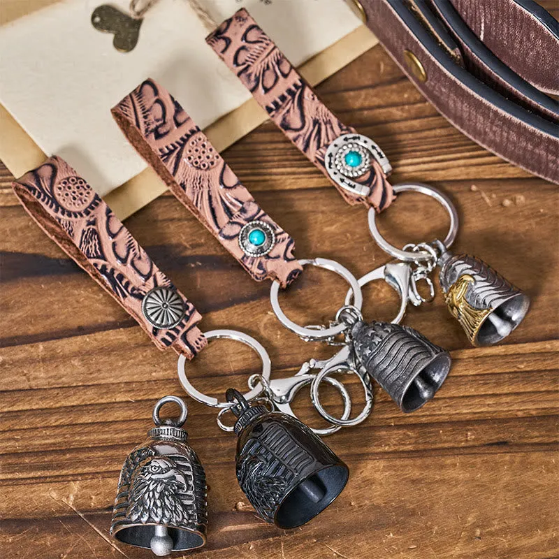 Vintage Motorcycle Eagle Bell Embossed Leather Keychain made by FloralTrip