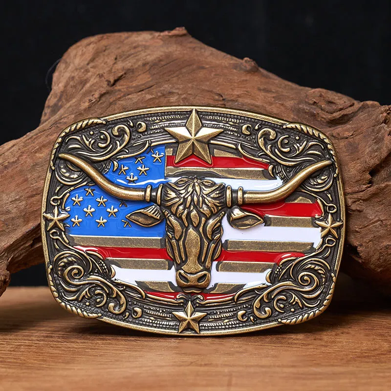 Men's Colorful Star-striped Flag Longhorn bull Buckle Leather Belt sold by FloralTrip product image thumbnail 3
