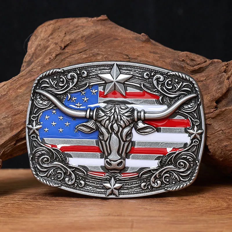 Men's Colorful Star-striped Flag Longhorn bull Buckle Leather Belt sold by FloralTrip
