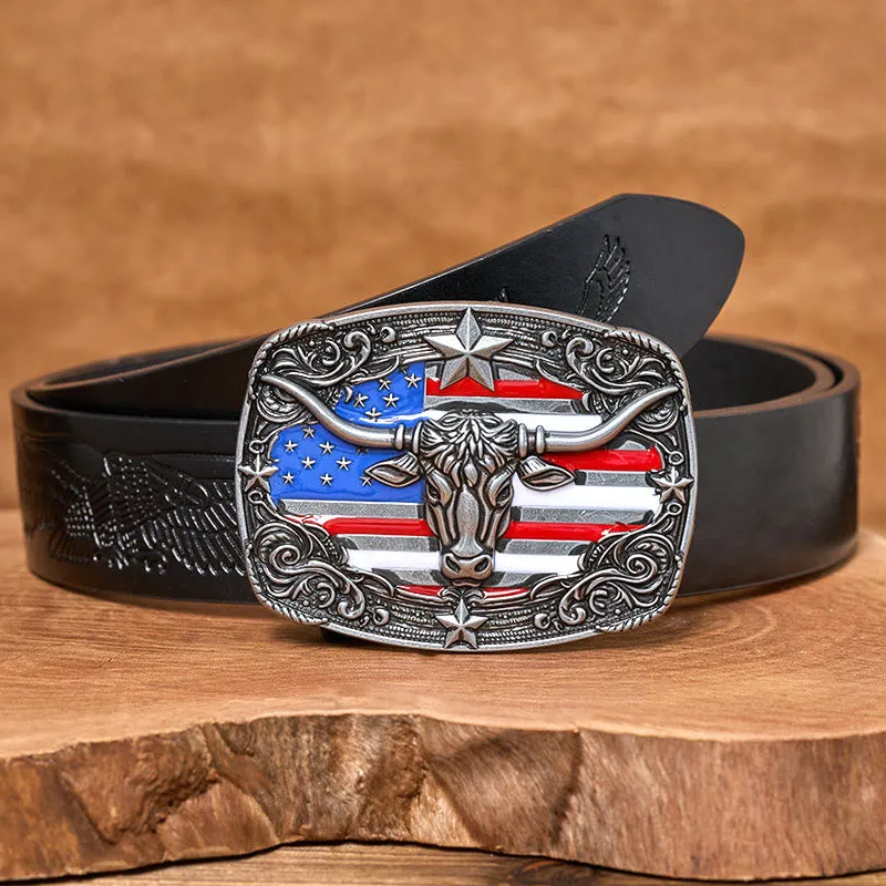 Men's Colorful Star-striped Flag Longhorn bull Buckle Leather Belt sold by FloralTrip product image thumbnail 5