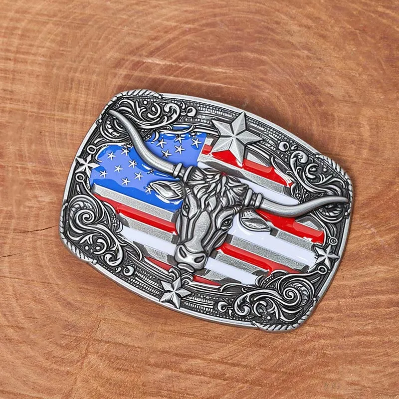 Men's Colorful Star-striped Flag Longhorn bull Buckle Leather Belt sold by FloralTrip product image thumbnail 2