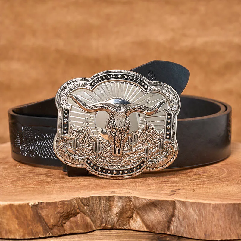 Men's Silver Western Desert Bullhead Relief Buckle Leather Belt sold by FloralTrip product image thumbnail 4