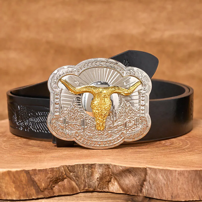 Men's Silver Western Desert Bullhead Relief Buckle Leather Belt sold by FloralTrip product image thumbnail 5