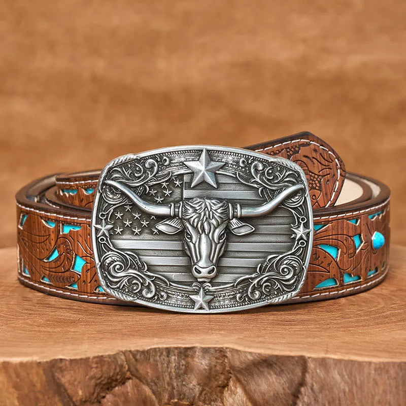 Men's Silver Vintage Star-striped Flag Longhorn bull Buckle Leather Belt sold by FloralTrip product image thumbnail 4