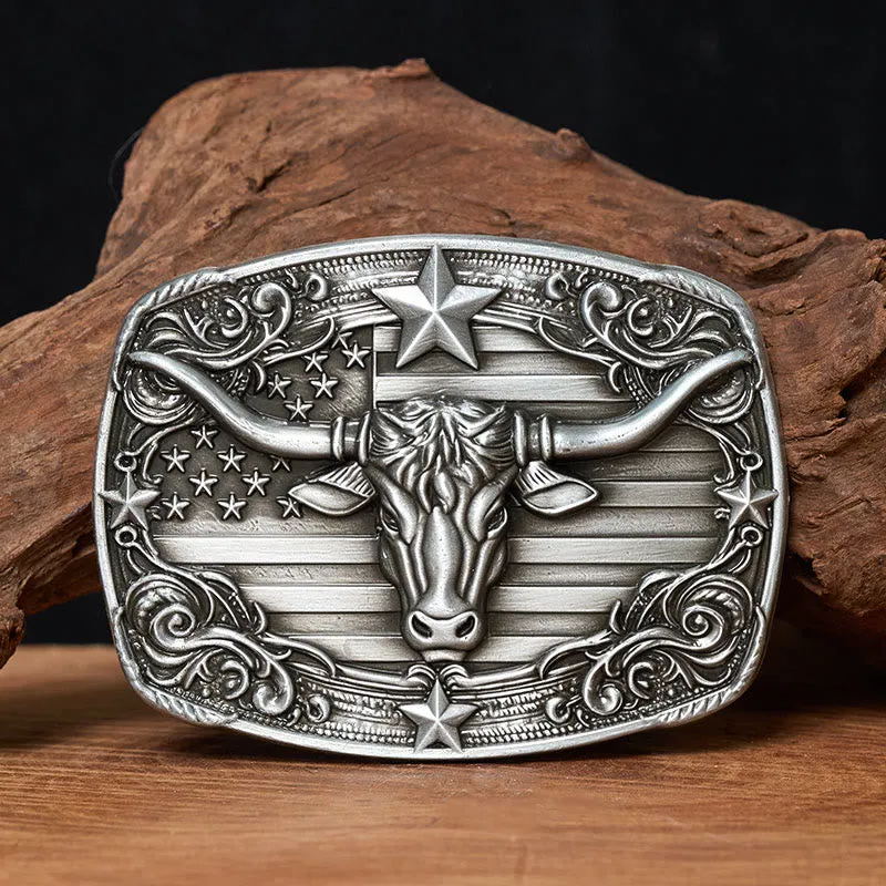 Men's Silver Vintage Star-striped Flag Longhorn bull Buckle Leather Belt sold by FloralTrip