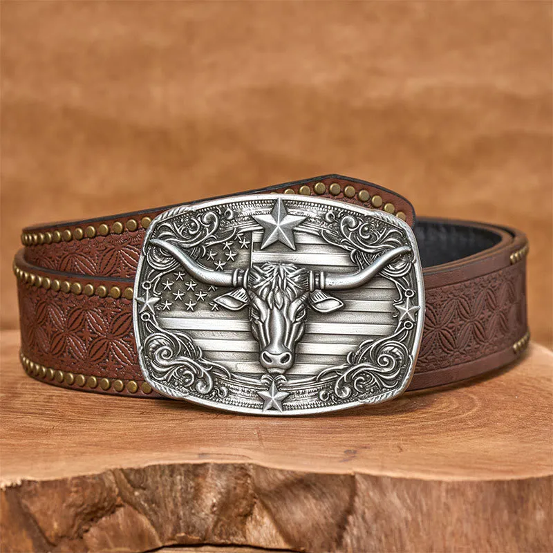 Men's Silver Vintage Star-striped Flag Longhorn bull Buckle Leather Belt sold by FloralTrip product image thumbnail 5